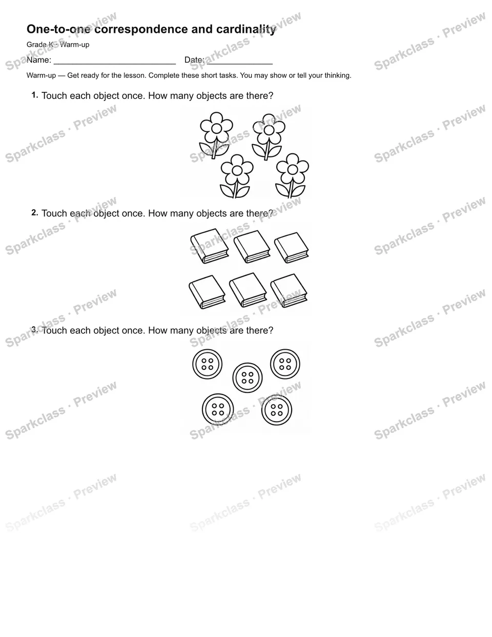 One-to-one correspondence and cardinality — Warm-up — Kindergarten worksheet preview