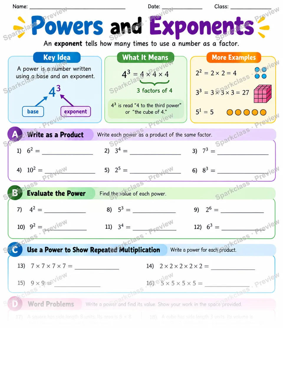 Exponents — Grade 6 worksheet preview