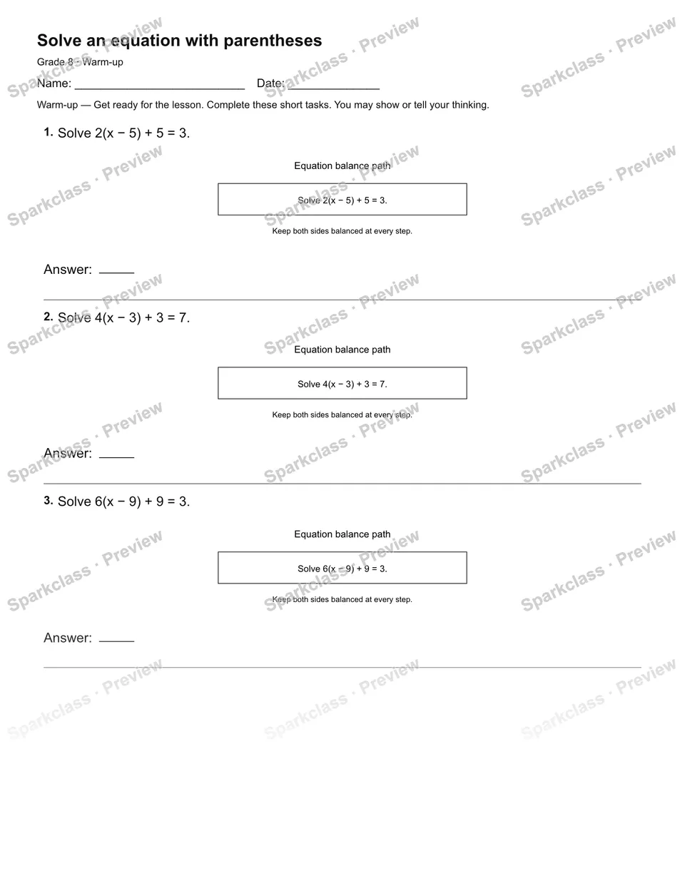 Solve an equation with parentheses — Warm-up — page 2
