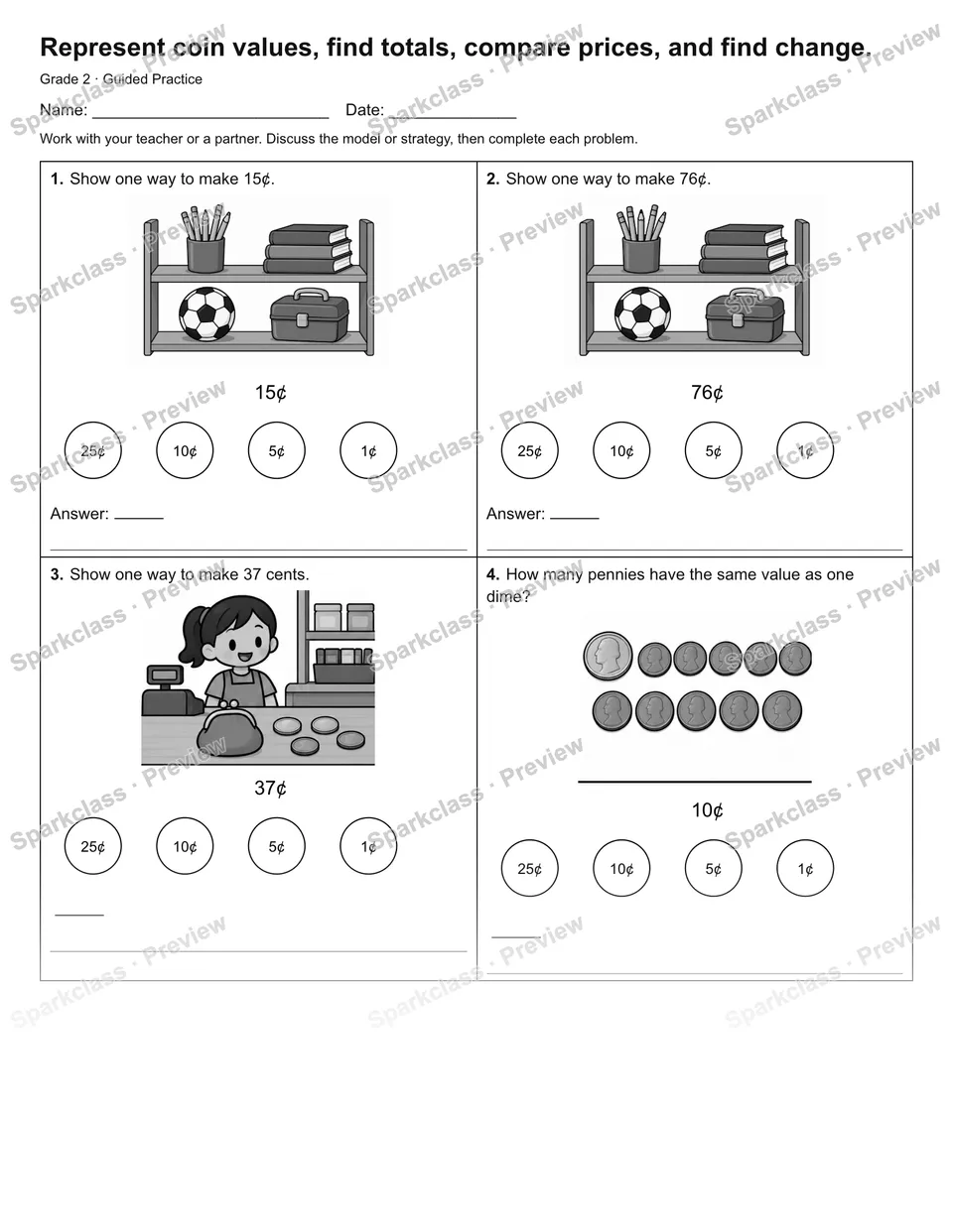 Represent coin values, find totals, compare prices, and find change. — Guided Practice — Grade 2 worksheet preview