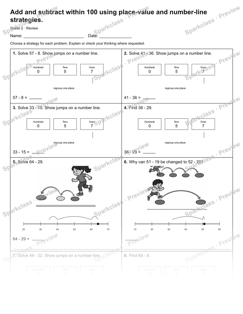 Add and subtract within 100 using place-value and number-line strategies. — Review — Grade 2 worksheet preview