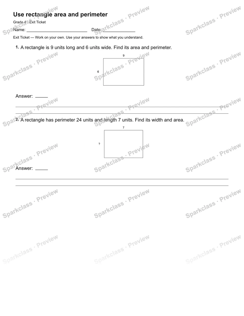 Use rectangle area and perimeter — Exit Ticket — Grade 4 worksheet preview