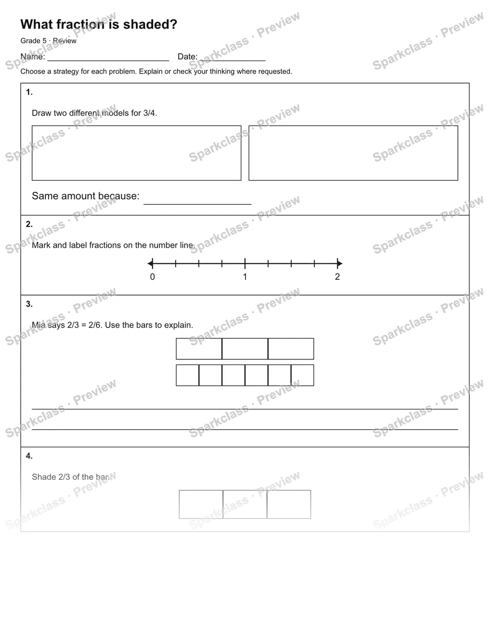 What fraction is shaded? — Review — Grade 5 worksheet preview