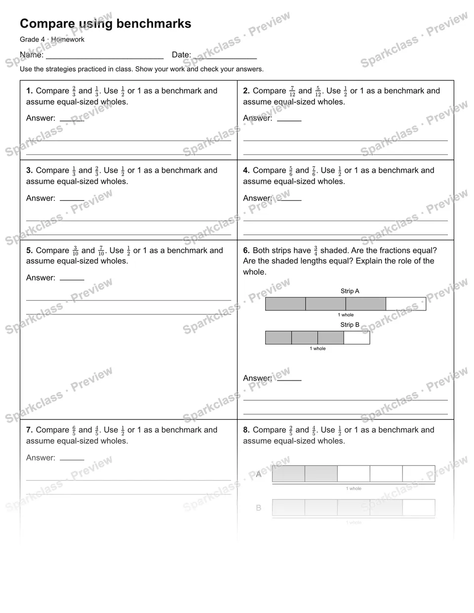 Compare using benchmarks — Homework — Grade 4 worksheet preview