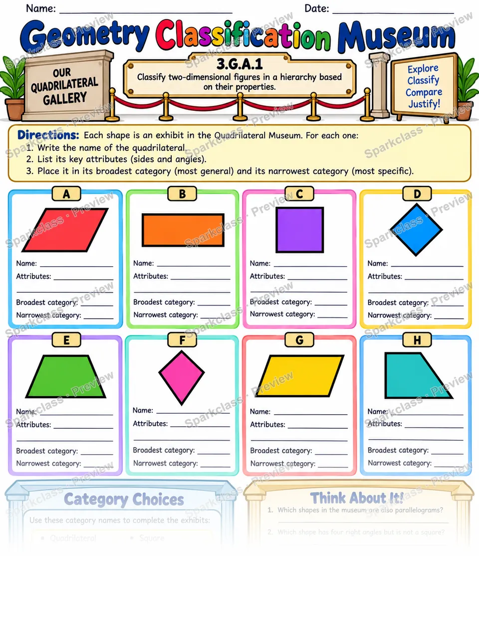 Geometry Classification Museum Generated — Grade 3 worksheet preview
