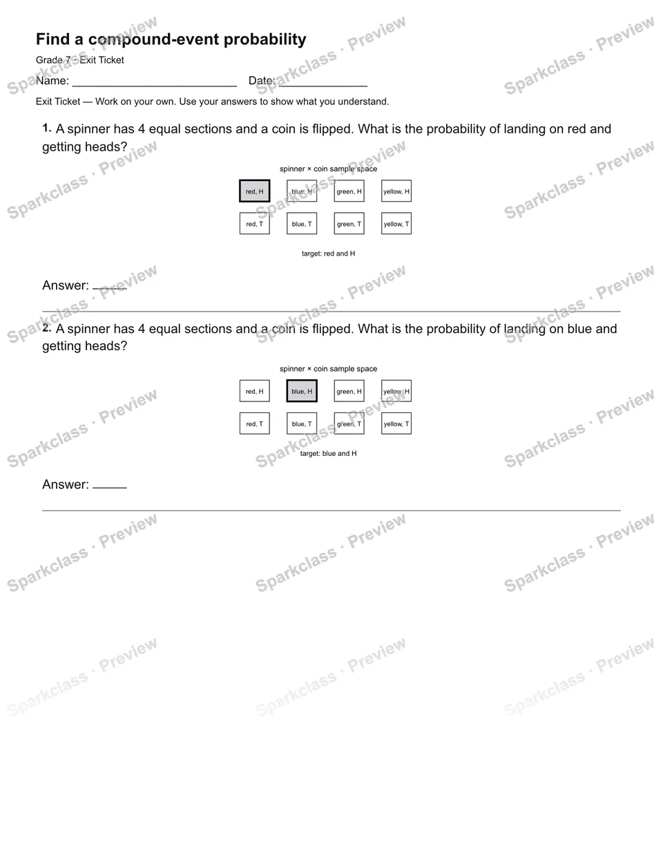 Find a compound-event probability — Exit Ticket — Grade 7 worksheet preview