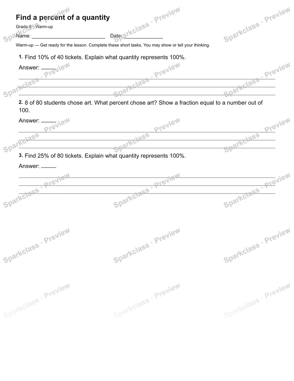 Find a percent of a quantity — Warm-up — Grade 6 worksheet preview