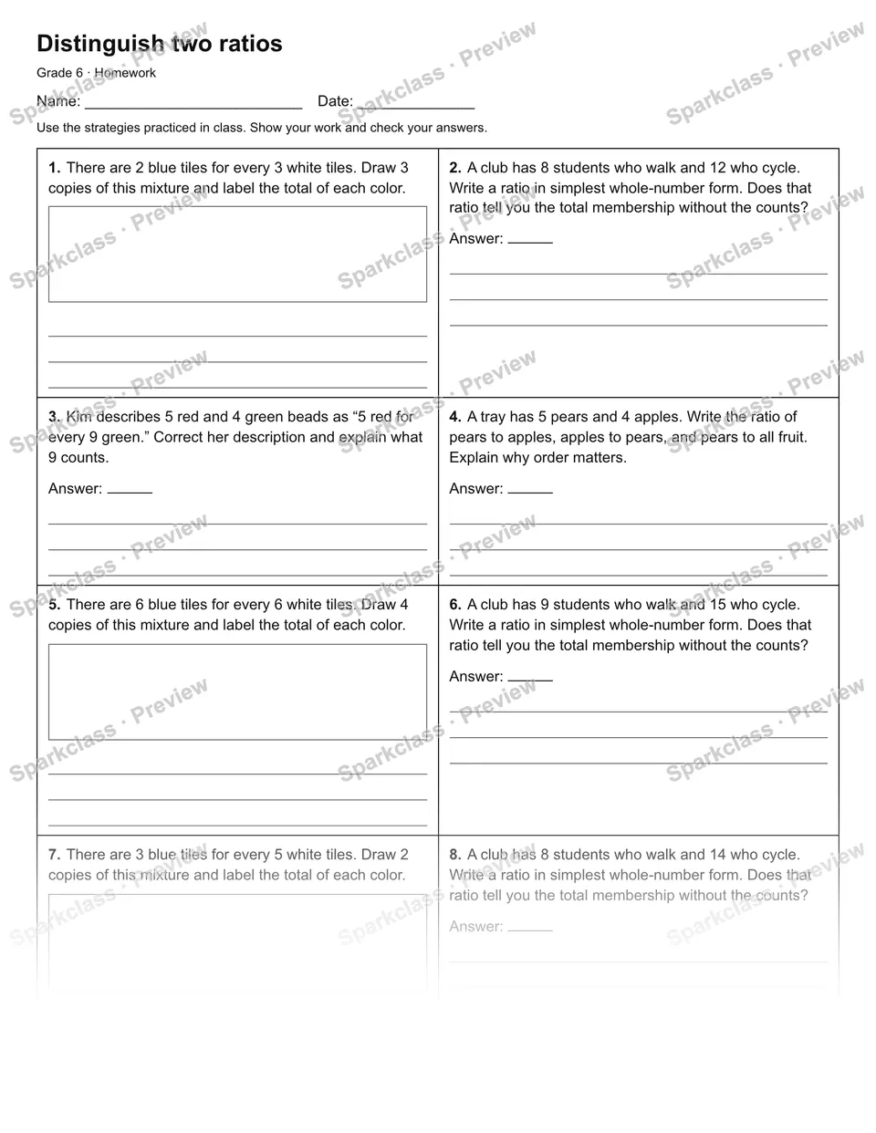 Distinguish two ratios — Homework — Grade 6 worksheet preview
