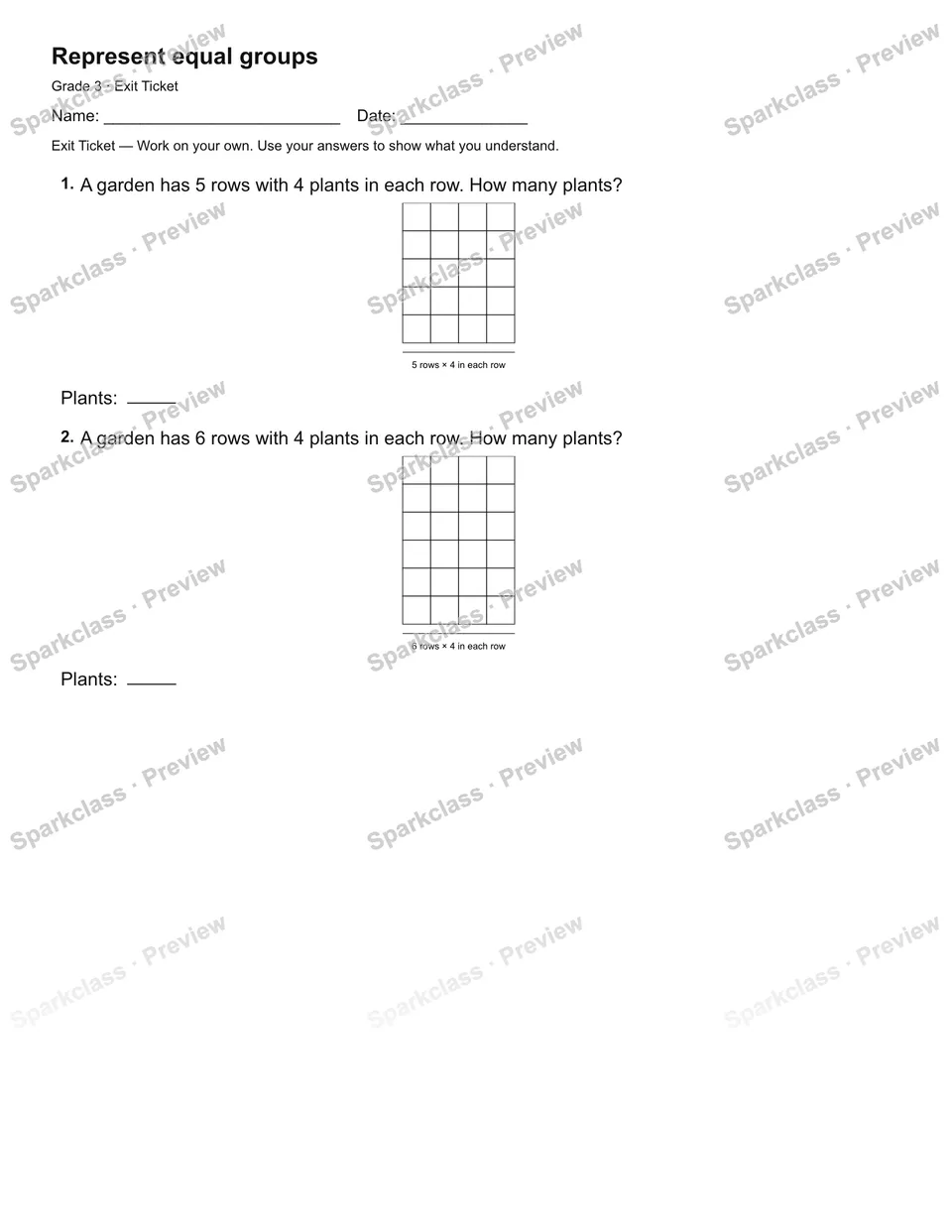 Represent equal groups — Exit Ticket — Grade 3 worksheet preview