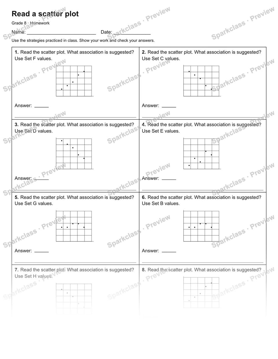 Read a scatter plot — Homework — Grade 8 worksheet preview