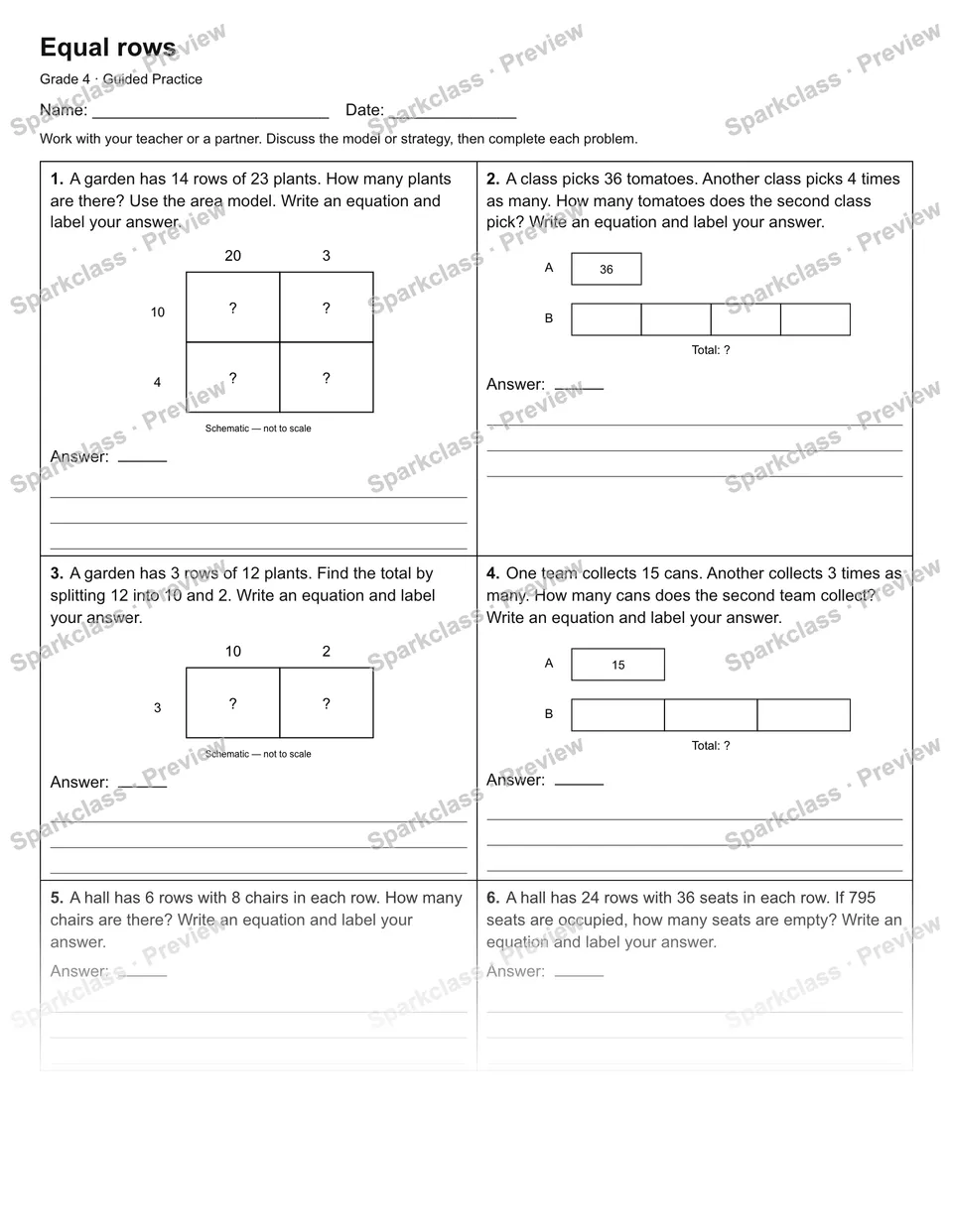 Equal rows — Guided Practice — Grade 4 worksheet preview