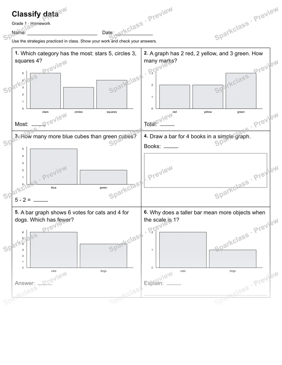 Classify data — Homework — Grade 1 worksheet preview