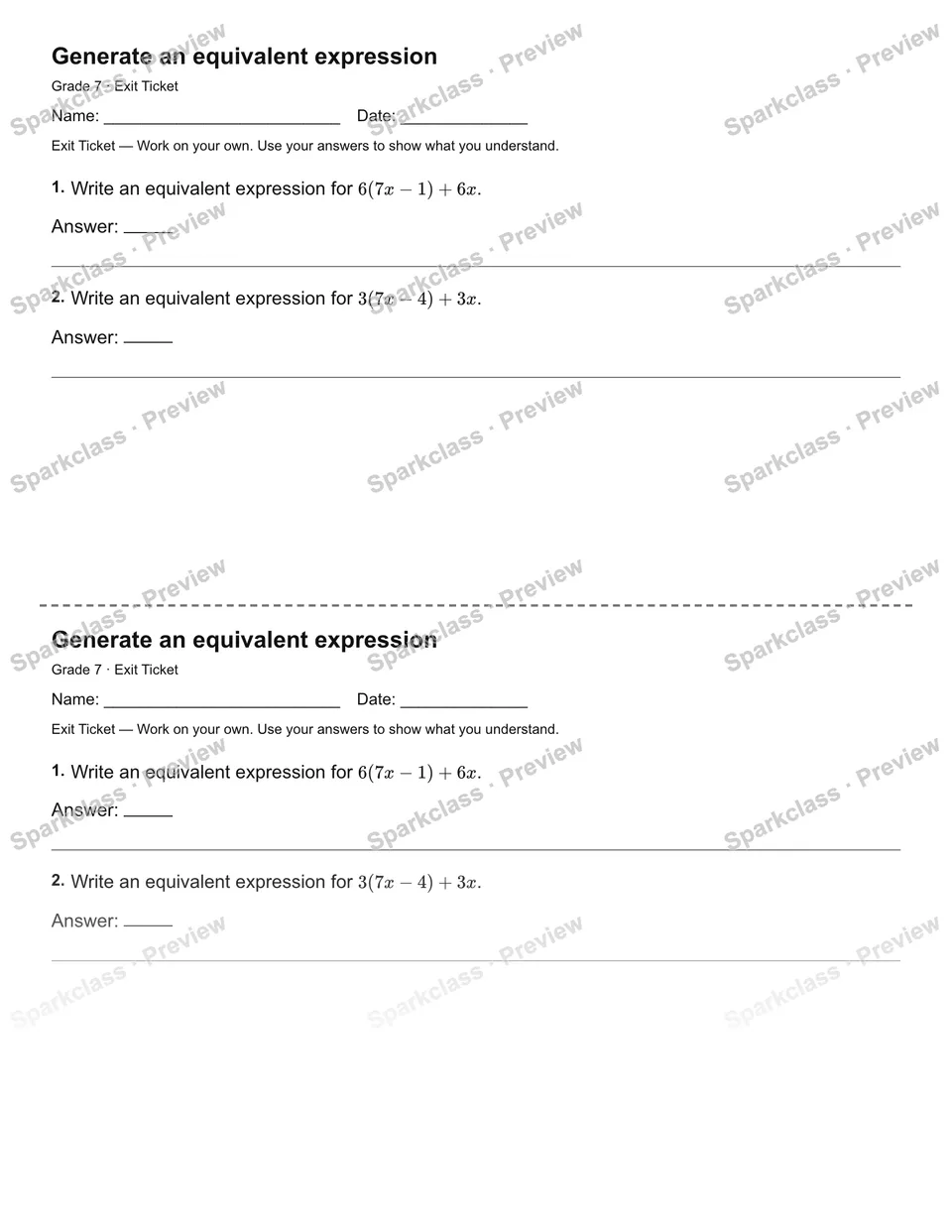 Generate an equivalent expression — Exit Ticket — Grade 7 worksheet preview