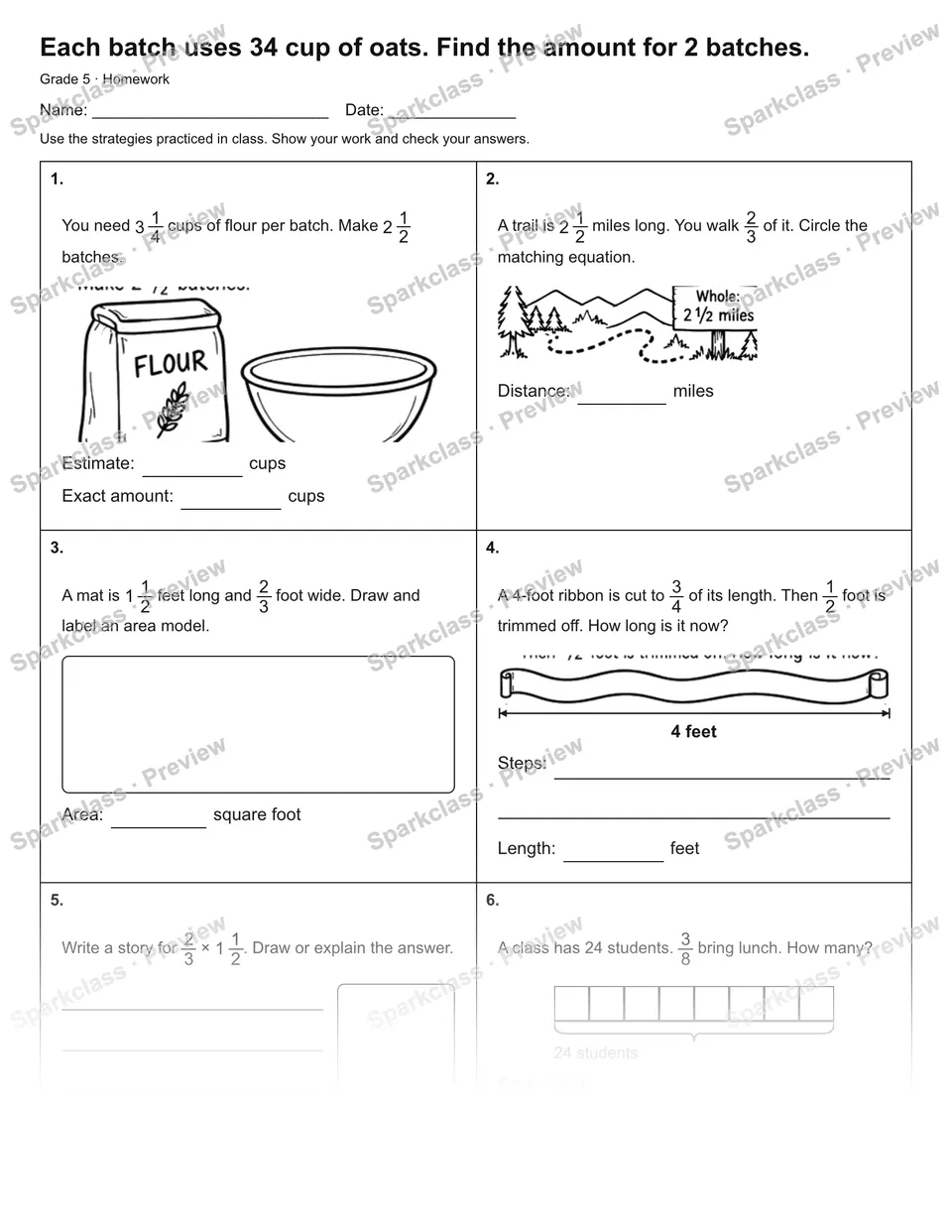 Each batch uses 34 cup of oats. Find the amount for 2 batches. — Homework — Grade 5 worksheet preview