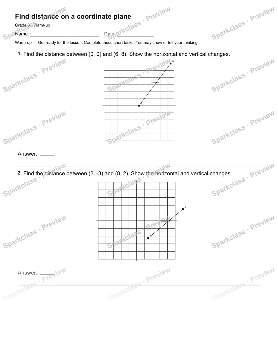 Find distance on a coordinate plane — Warm-up — Grade 8 worksheet preview