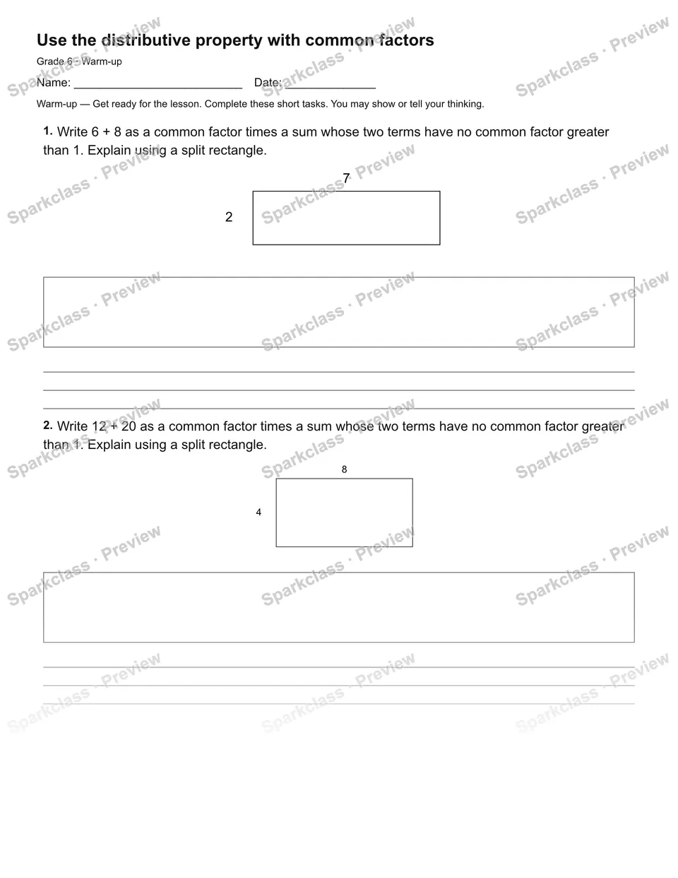 Use the distributive property with common factors — Warm-up — page 2