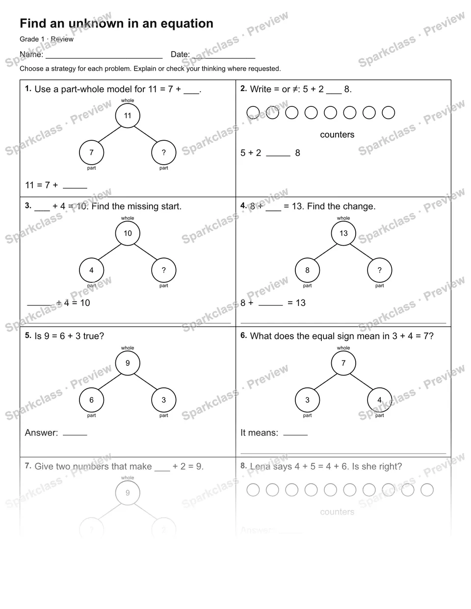 Find an unknown in an equation — Review — Grade 1 worksheet preview