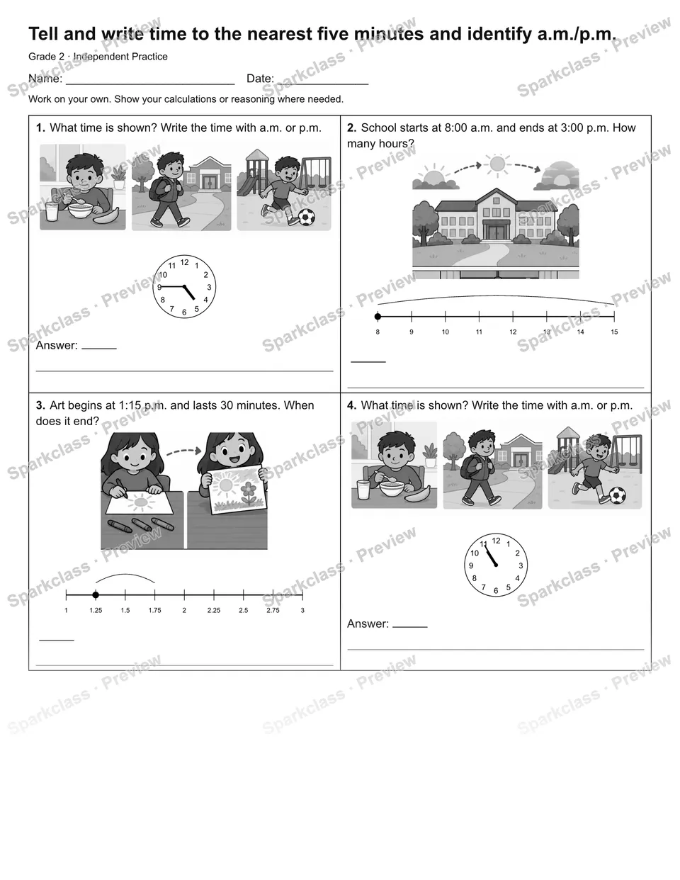 Tell and write time to the nearest five minutes and identify a.m./p.m. — Independent Practice — Grade 2 worksheet preview
