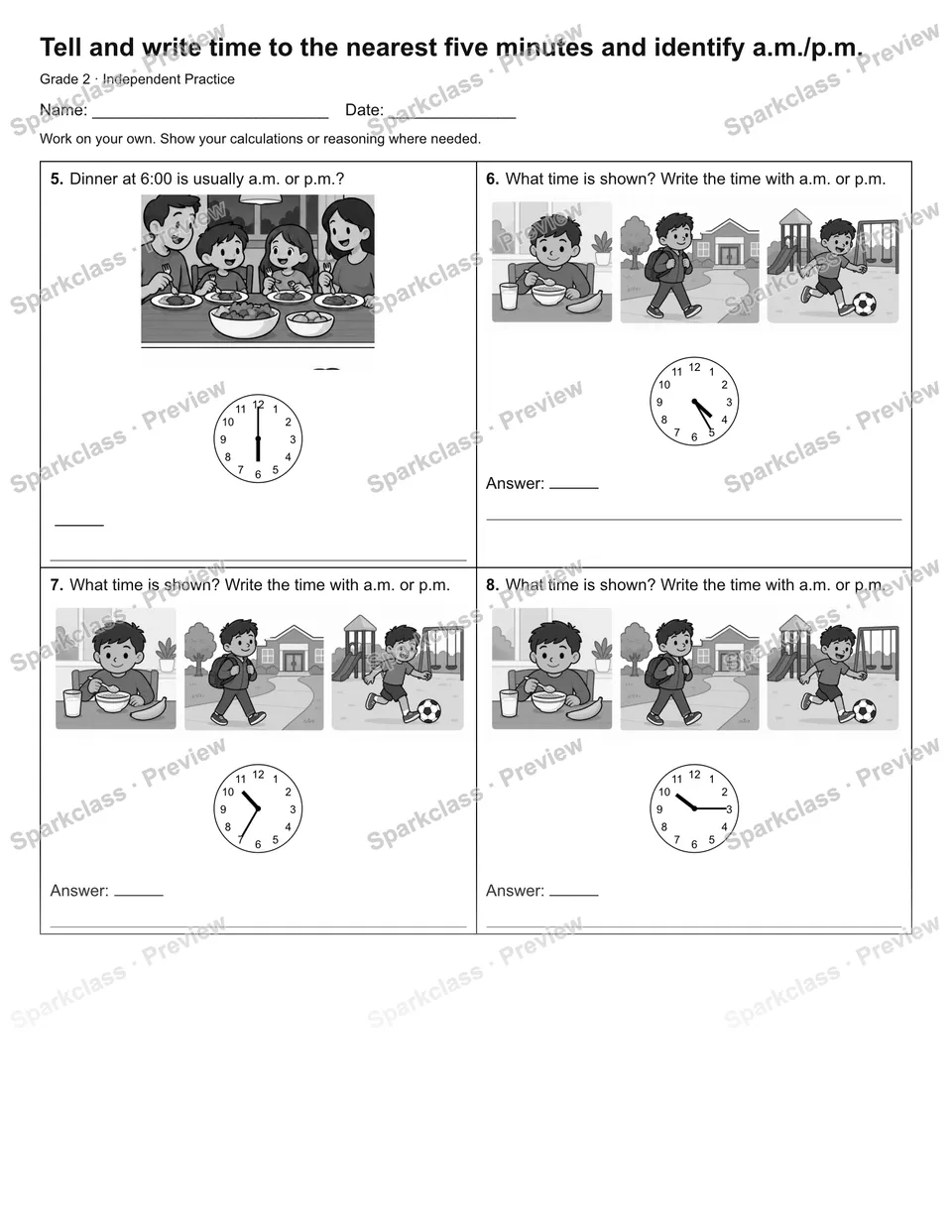 Tell and write time to the nearest five minutes and identify a.m./p.m. — Independent Practice — page 2