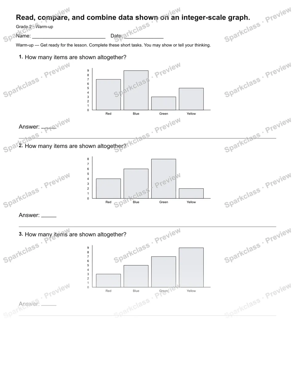 Read, compare, and combine data shown on an integer-scale graph. — Warm-up — Grade 2 worksheet preview