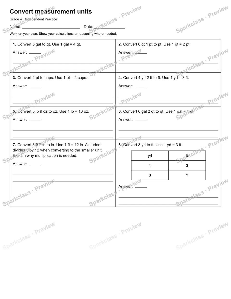 Convert measurement units — Independent Practice — Grade 4 worksheet preview