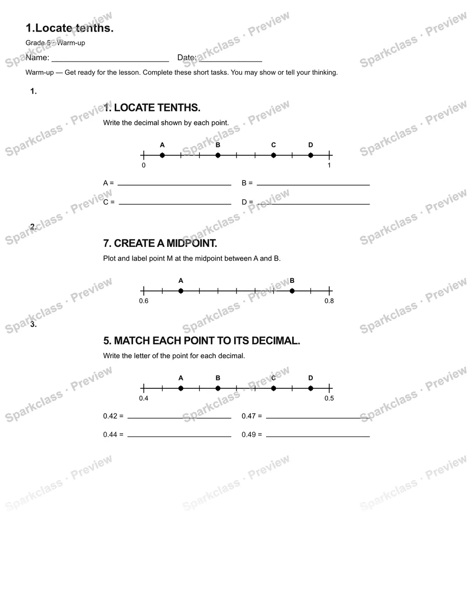 1.Locate tenths. — Warm-up — Grade 5 worksheet preview