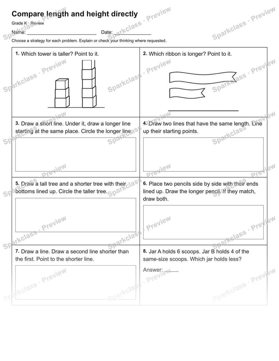 Compare length and height directly — Review — Kindergarten worksheet preview