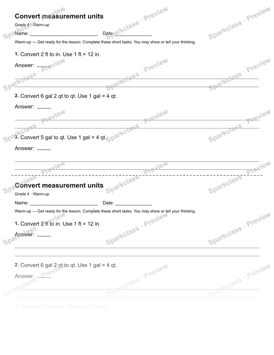 Convert measurement units — Warm-up — Grade 4 worksheet preview