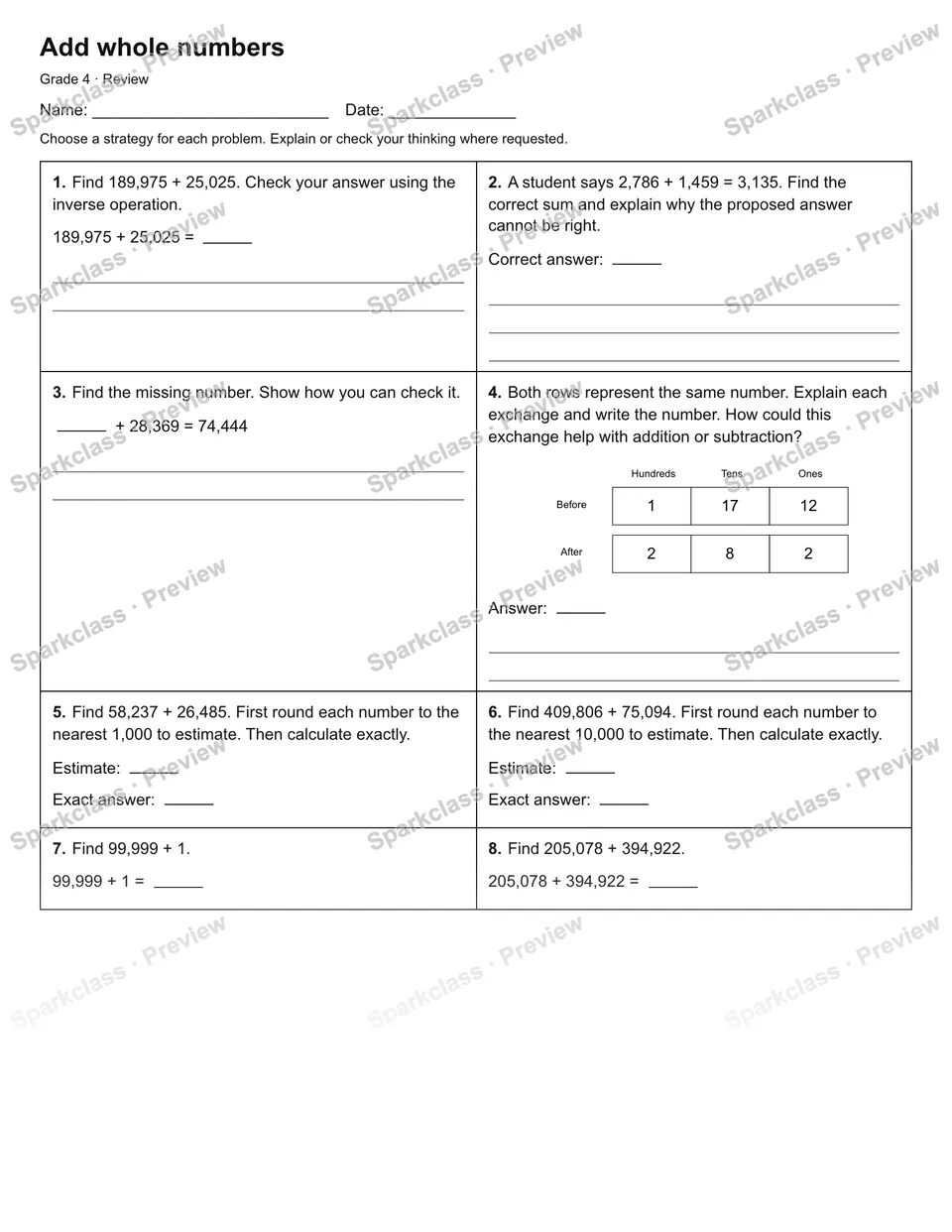 Add whole numbers — Review — Grade 4 worksheet preview