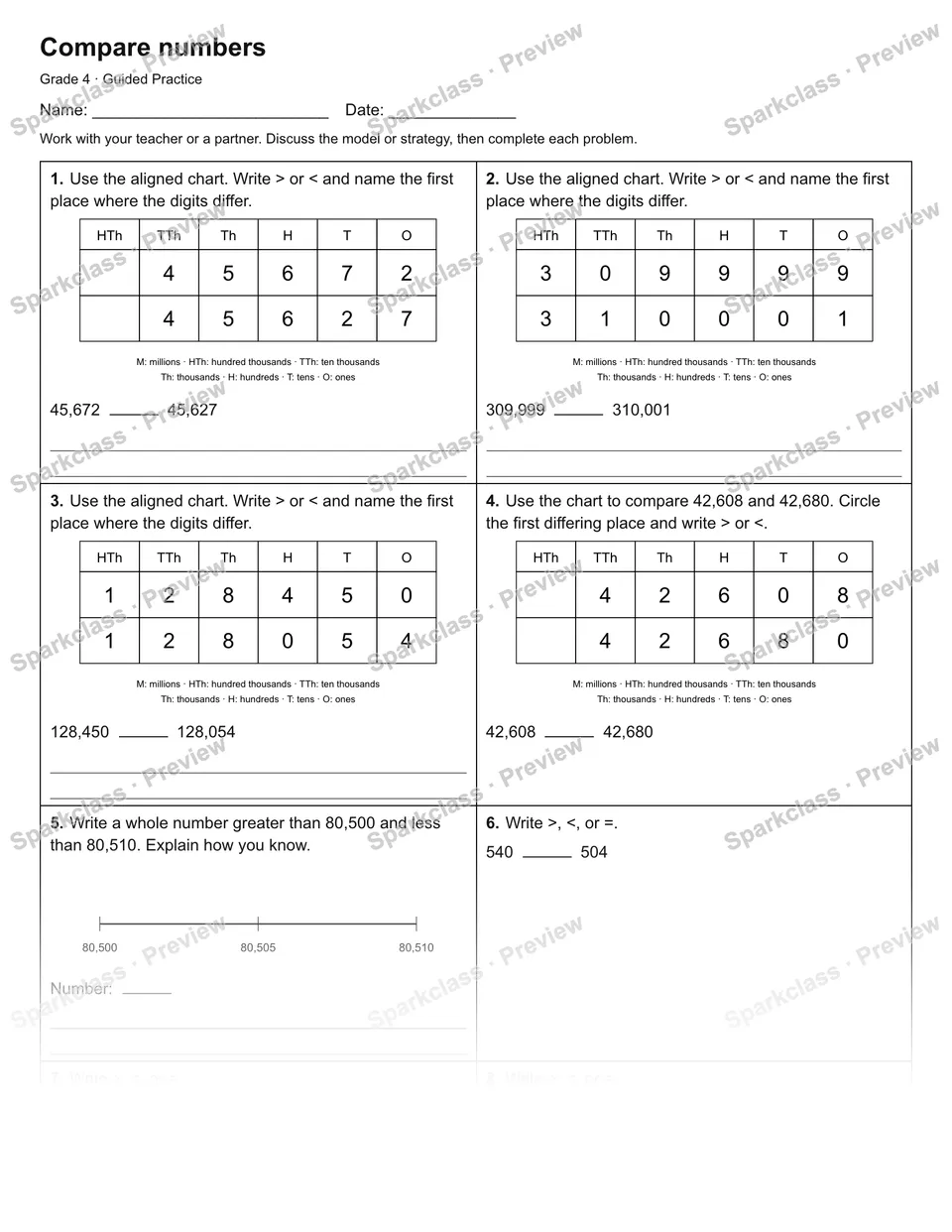 Compare numbers — Guided Practice — Grade 4 worksheet preview