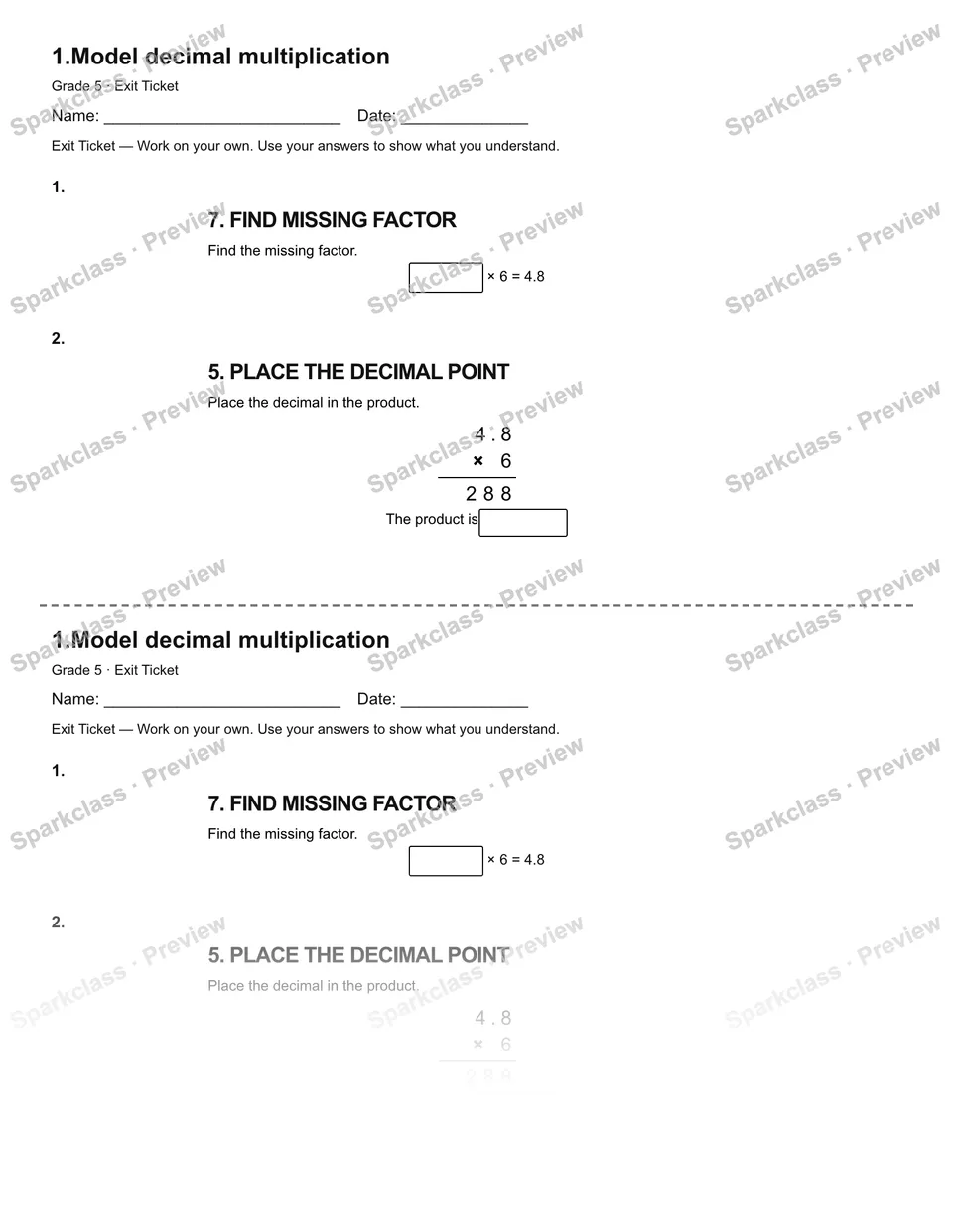 1.Model decimal multiplication — Exit Ticket — Grade 5 worksheet preview