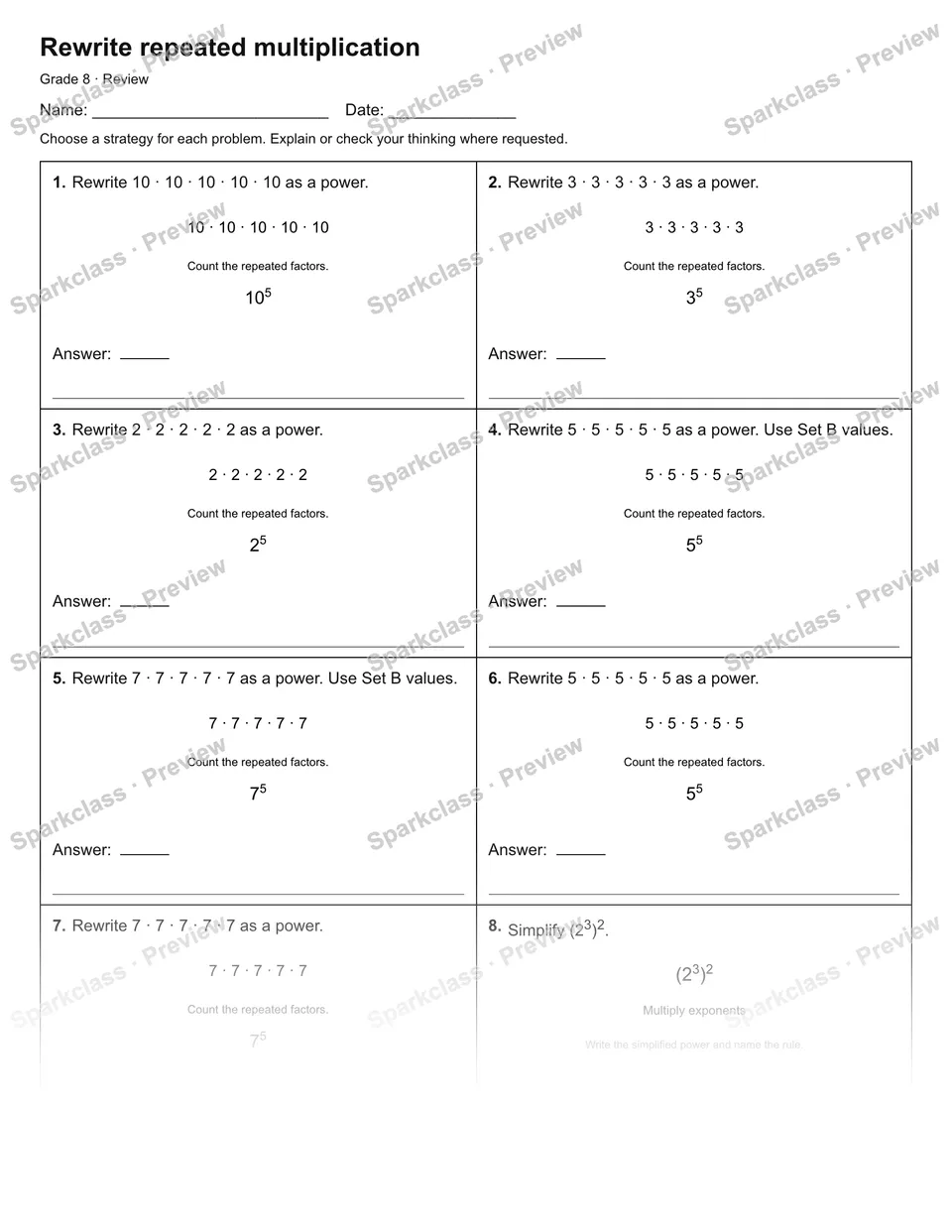 Rewrite repeated multiplication — Review — Grade 8 worksheet preview