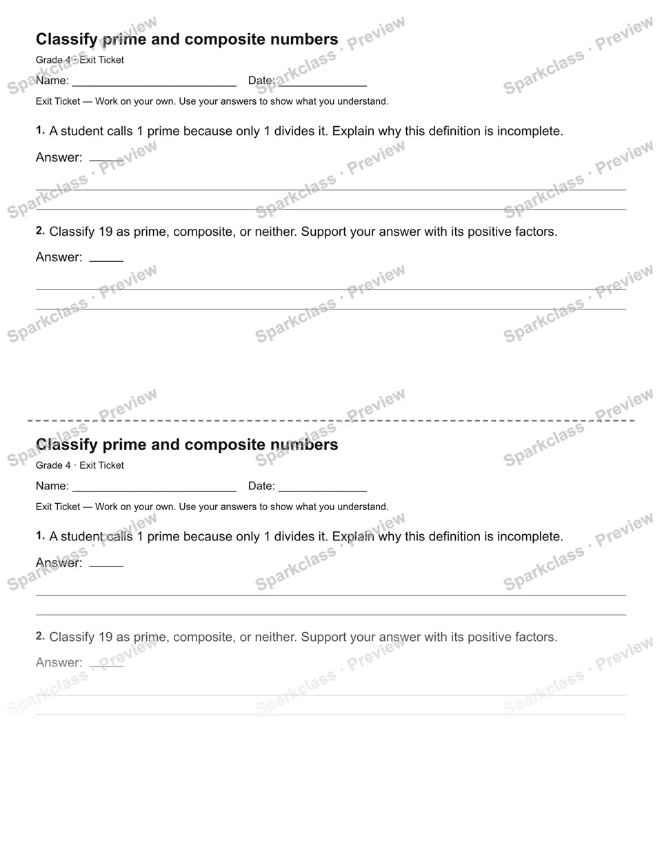 Classify prime and composite numbers — Exit Ticket — Grade 4 worksheet preview