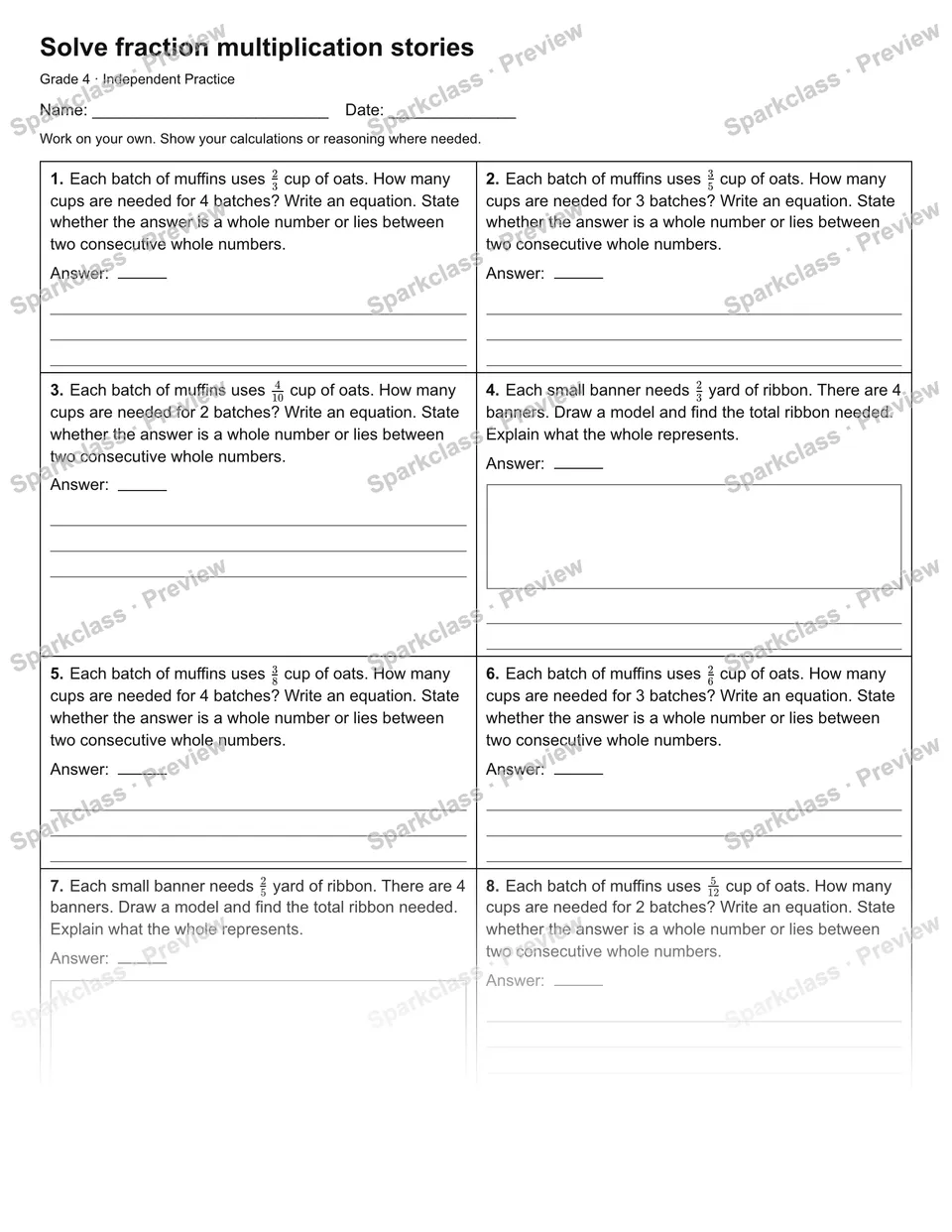 Solve fraction multiplication stories — Independent Practice — Grade 4 worksheet preview