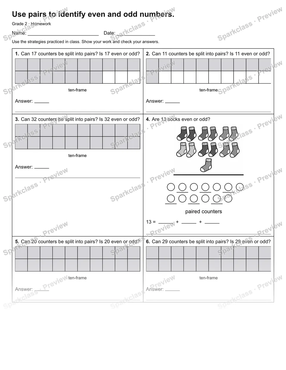 Use pairs to identify even and odd numbers. — Homework — Grade 2 worksheet preview