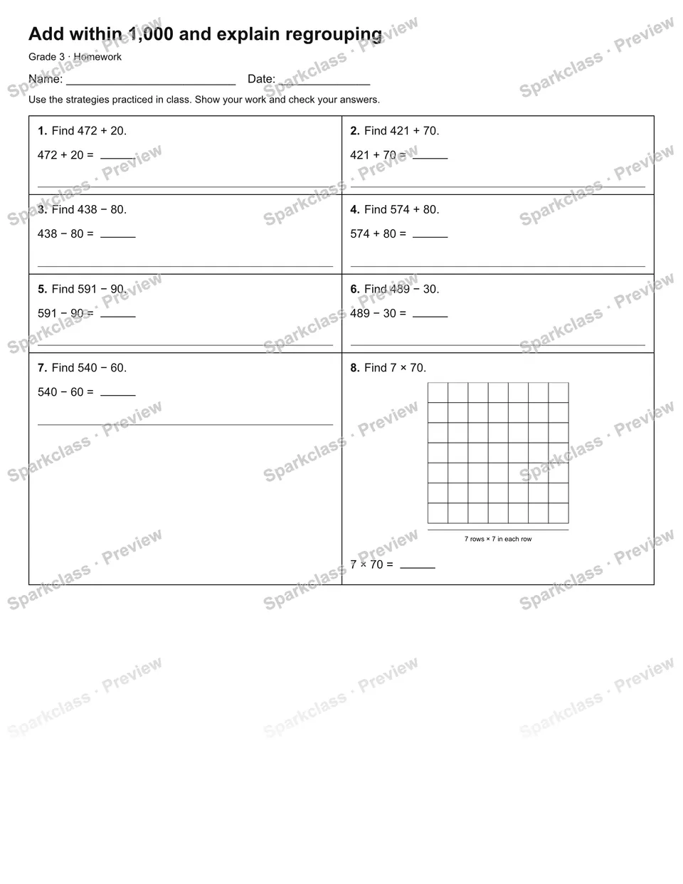 Add within 1,000 and explain regrouping — Homework — Grade 3 worksheet preview