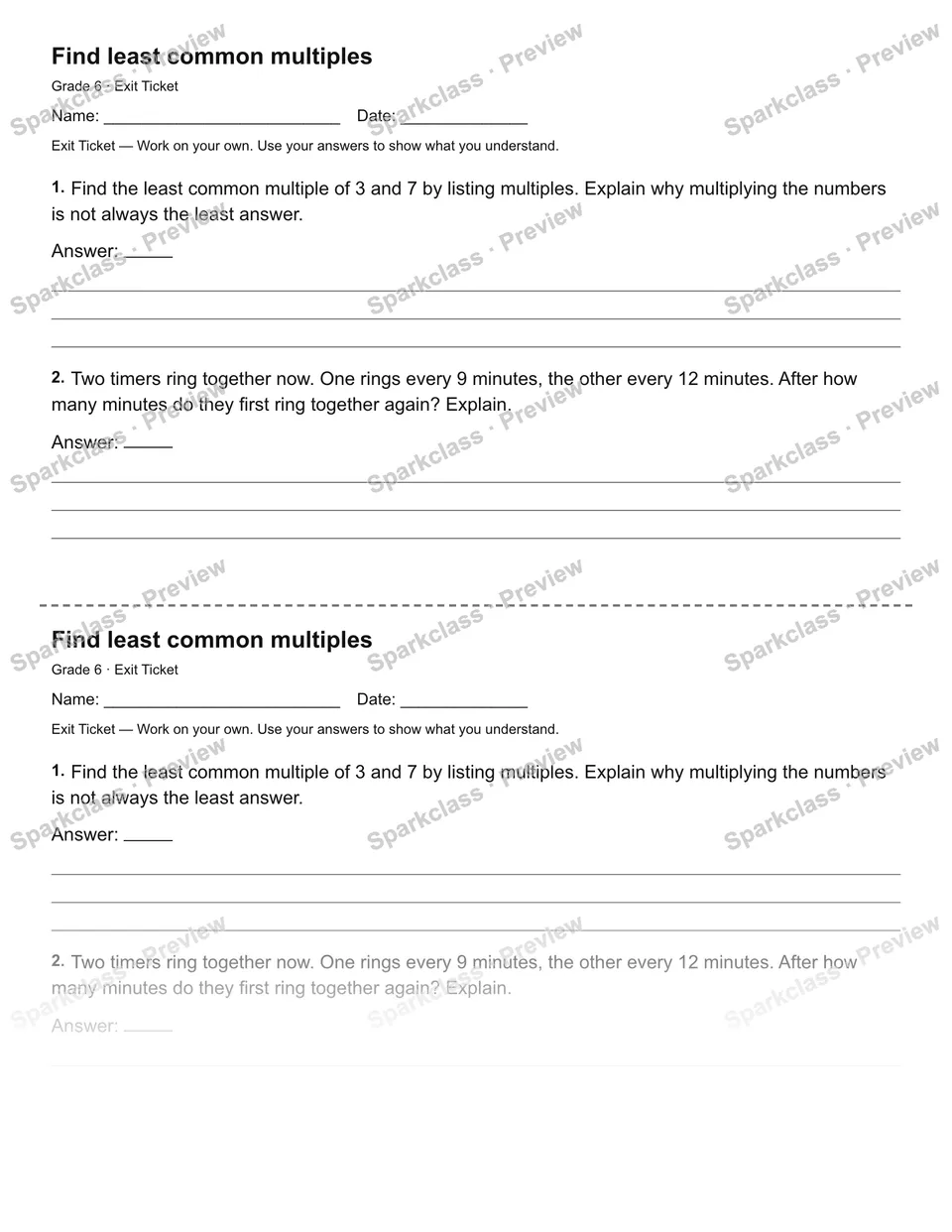 Find least common multiples — Exit Ticket — Grade 6 worksheet preview