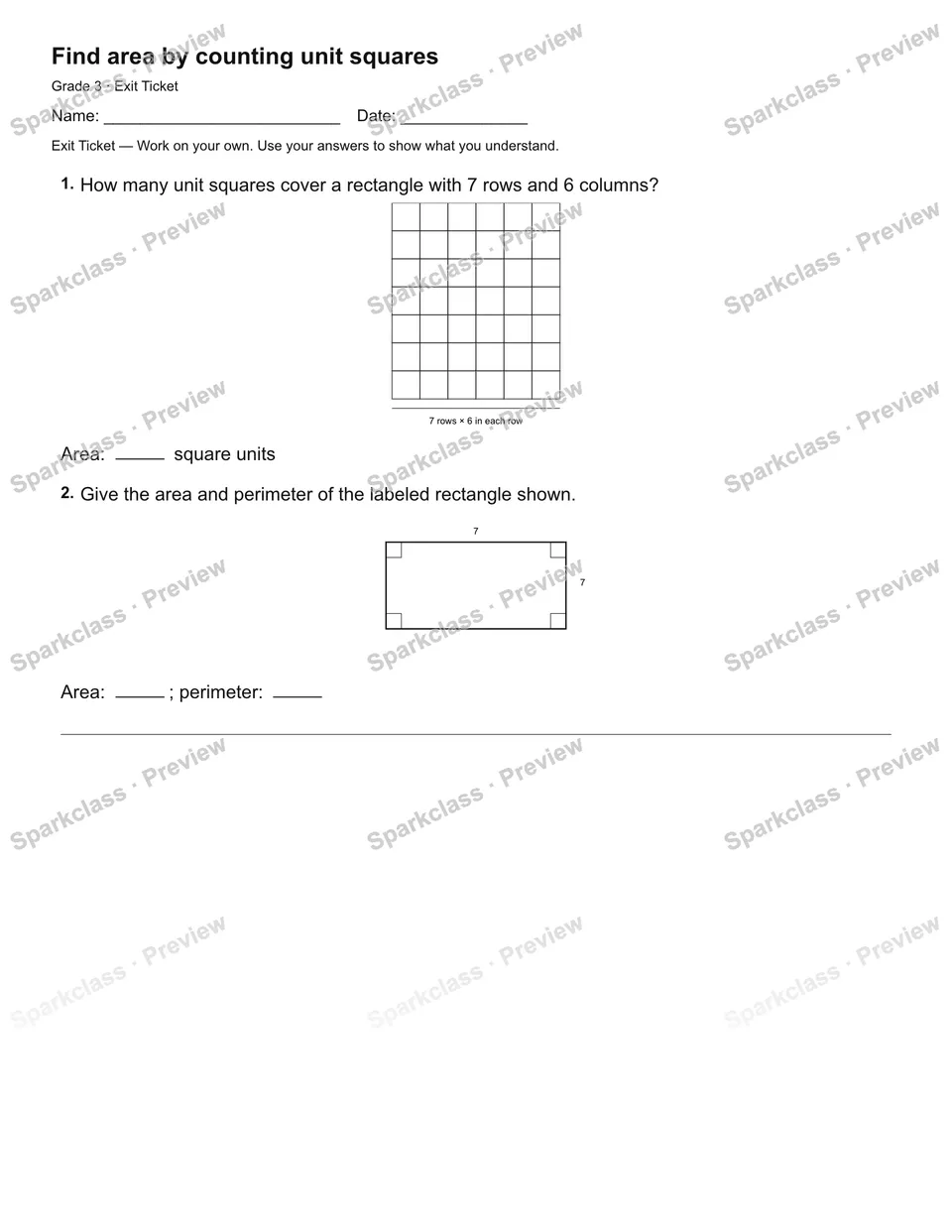 Find area by counting unit squares — Exit Ticket — Grade 3 worksheet preview