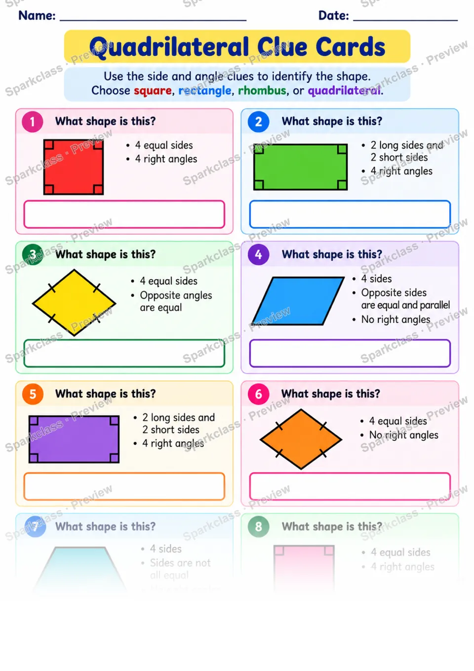 2.G.A.1 · Quadrilateral Clue Cards — Grade 2 worksheet preview