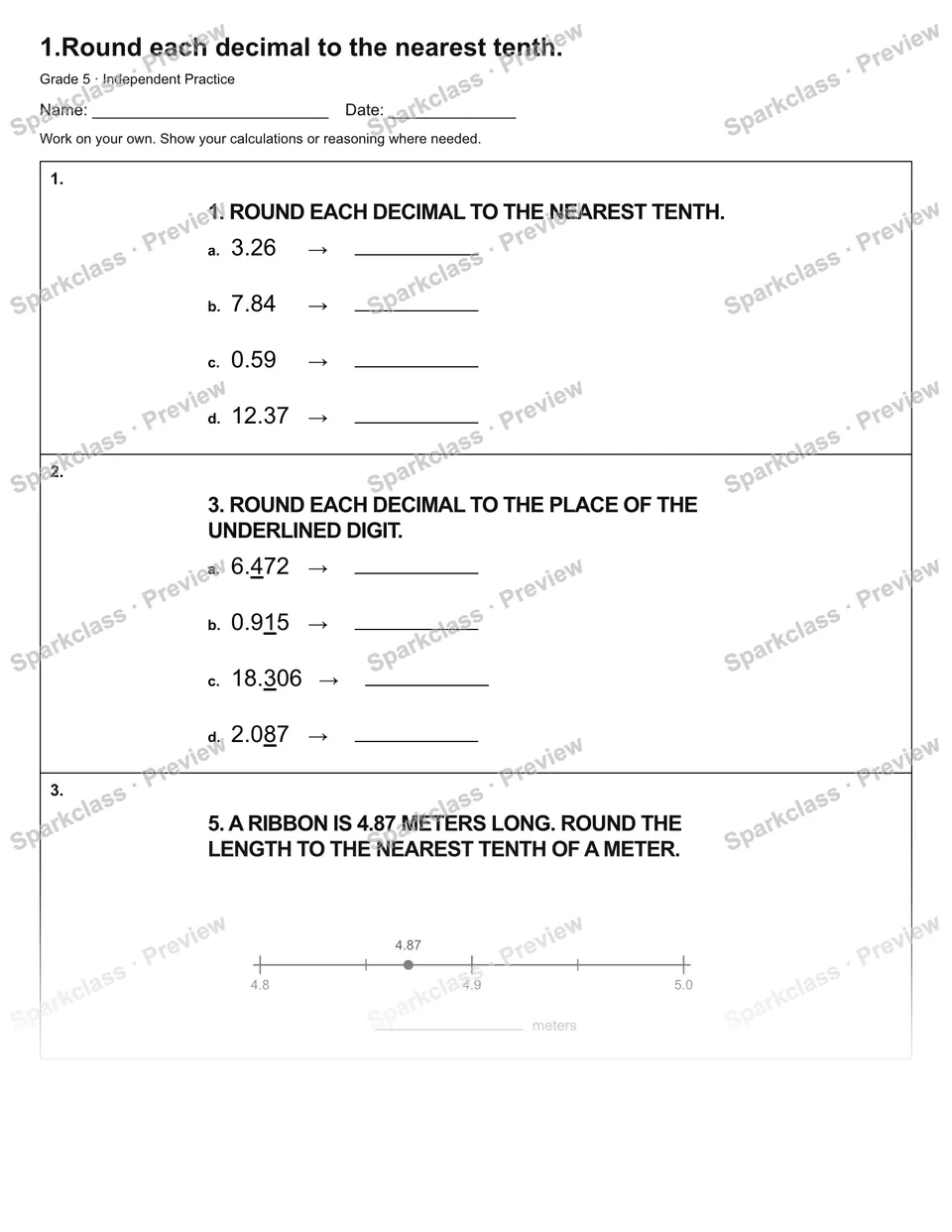1.Round each decimal to the nearest tenth. — Independent Practice — Grade 5 worksheet preview