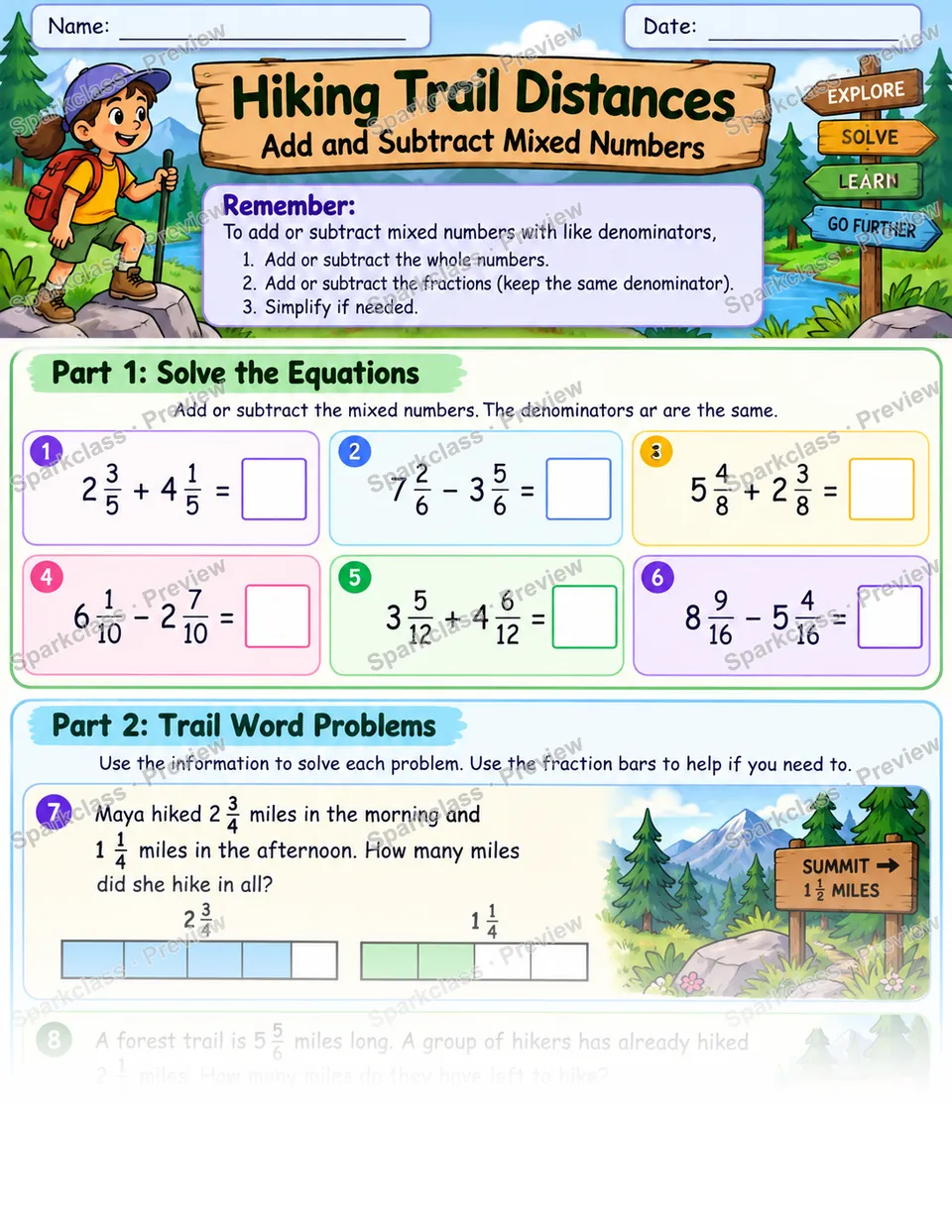 Add and Subtract Mixed Numbers — Grade 4 worksheet preview