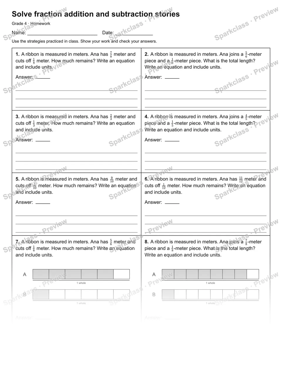 Solve fraction addition and subtraction stories — Homework — Grade 4 worksheet preview