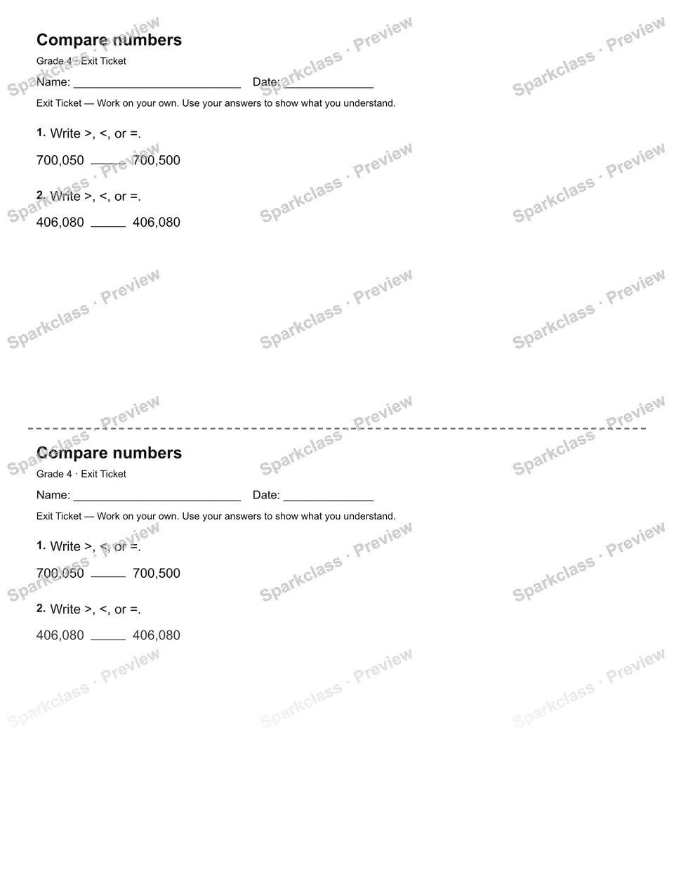 Compare numbers — Exit Ticket — Grade 4 worksheet preview