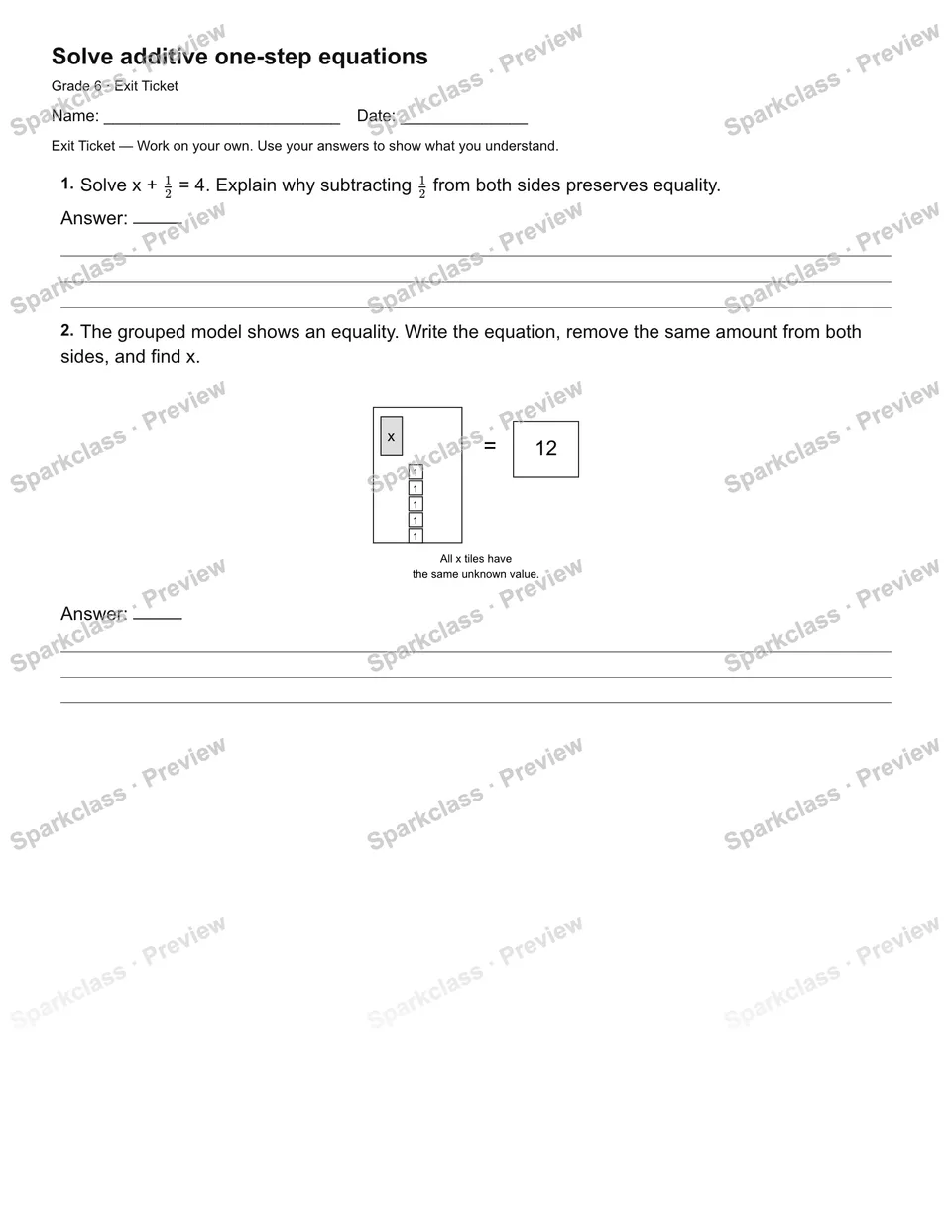 Solve additive one-step equations — Exit Ticket — Grade 6 worksheet preview
