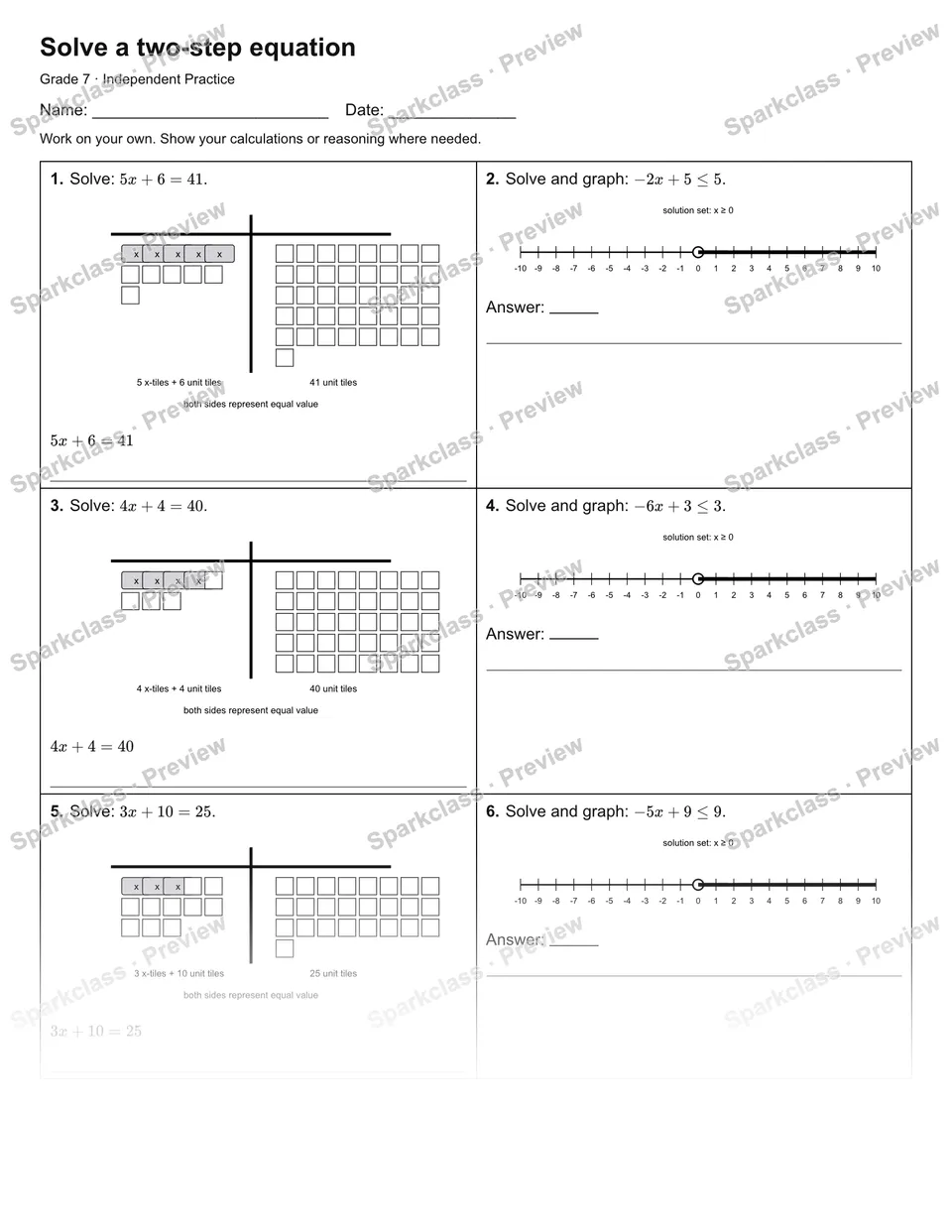 Solve a two-step equation — Independent Practice — Grade 7 worksheet preview