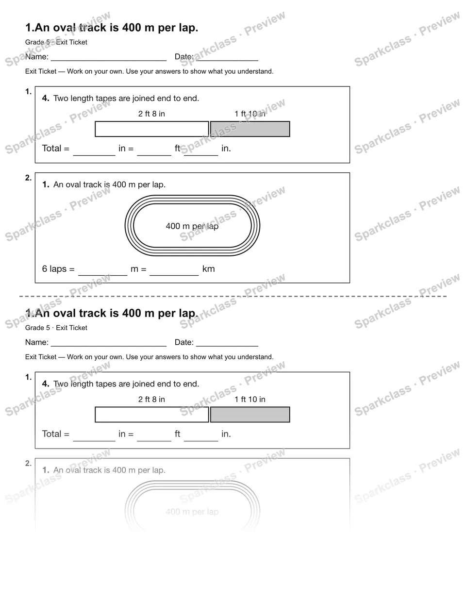 1.An oval track is 400 m per lap. — Exit Ticket — Grade 5 worksheet preview