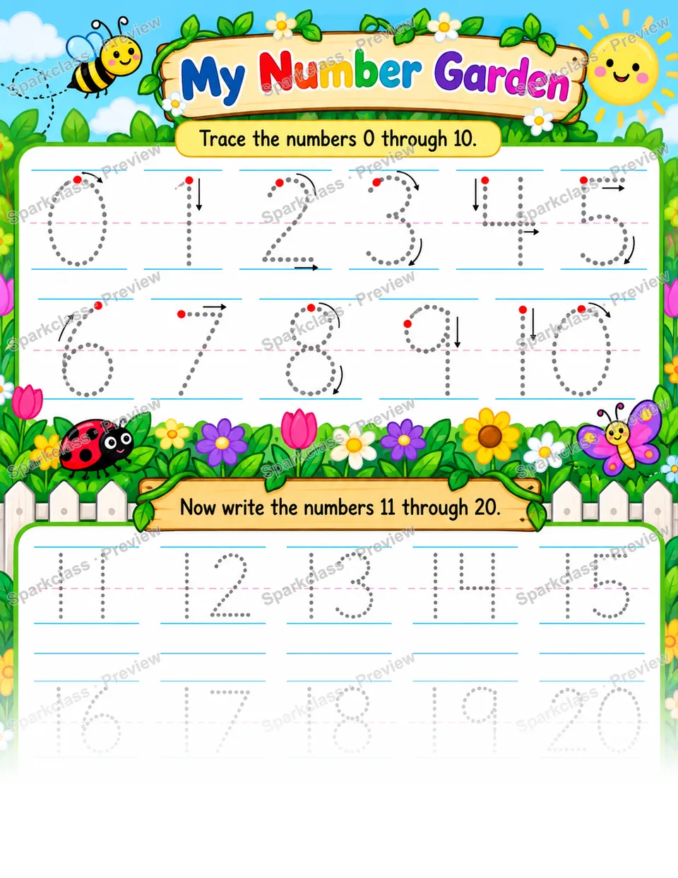 Basic Write Numbers 0–20 · Garden — Kindergarten worksheet preview
