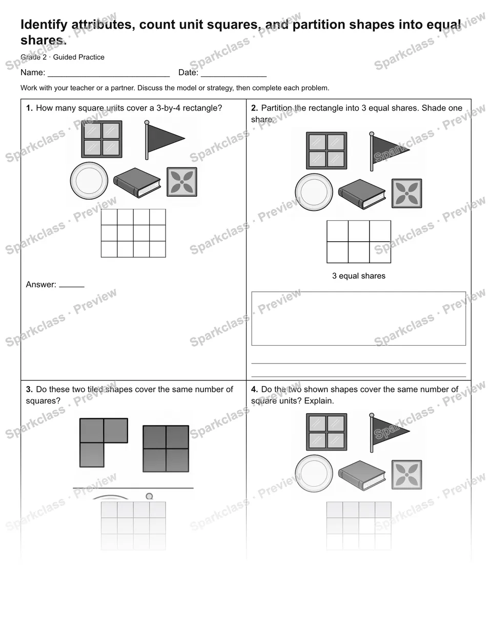 Identify attributes, count unit squares, and partition shapes into equal shares. — Guided Practice — Grade 2 worksheet preview