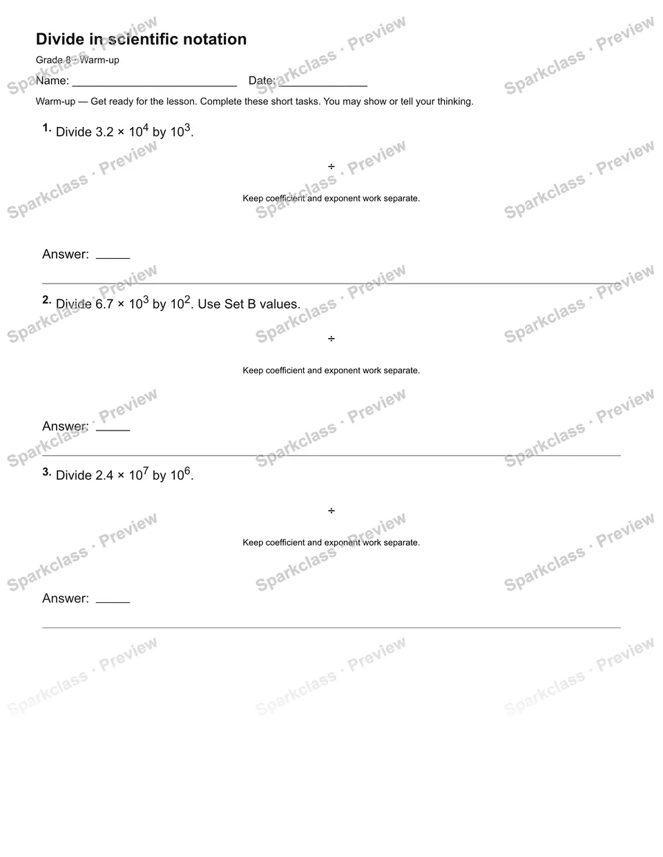 Divide in scientific notation — Warm-up — page 2