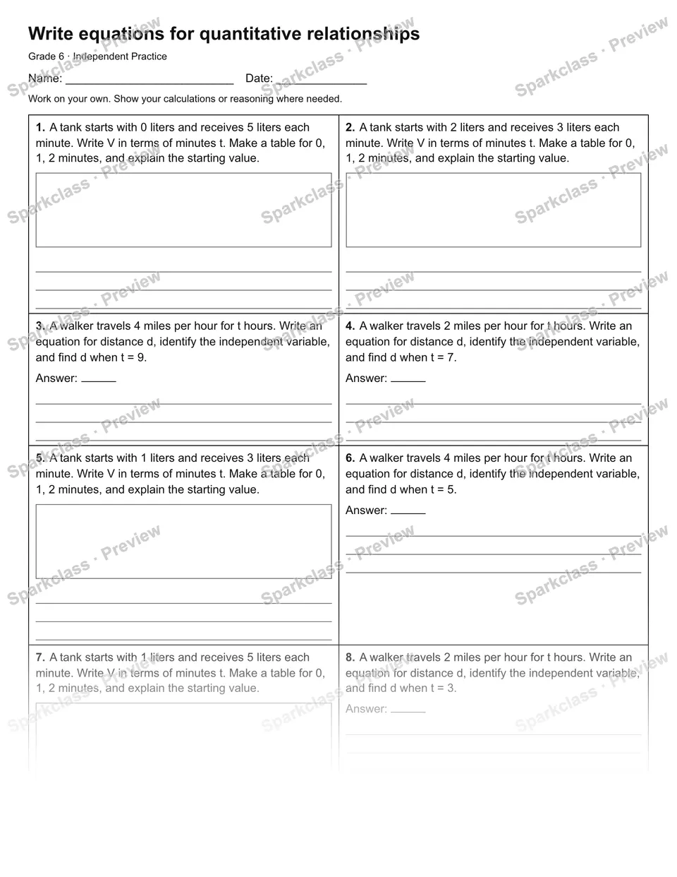 Write equations for quantitative relationships — Independent Practice — Grade 6 worksheet preview